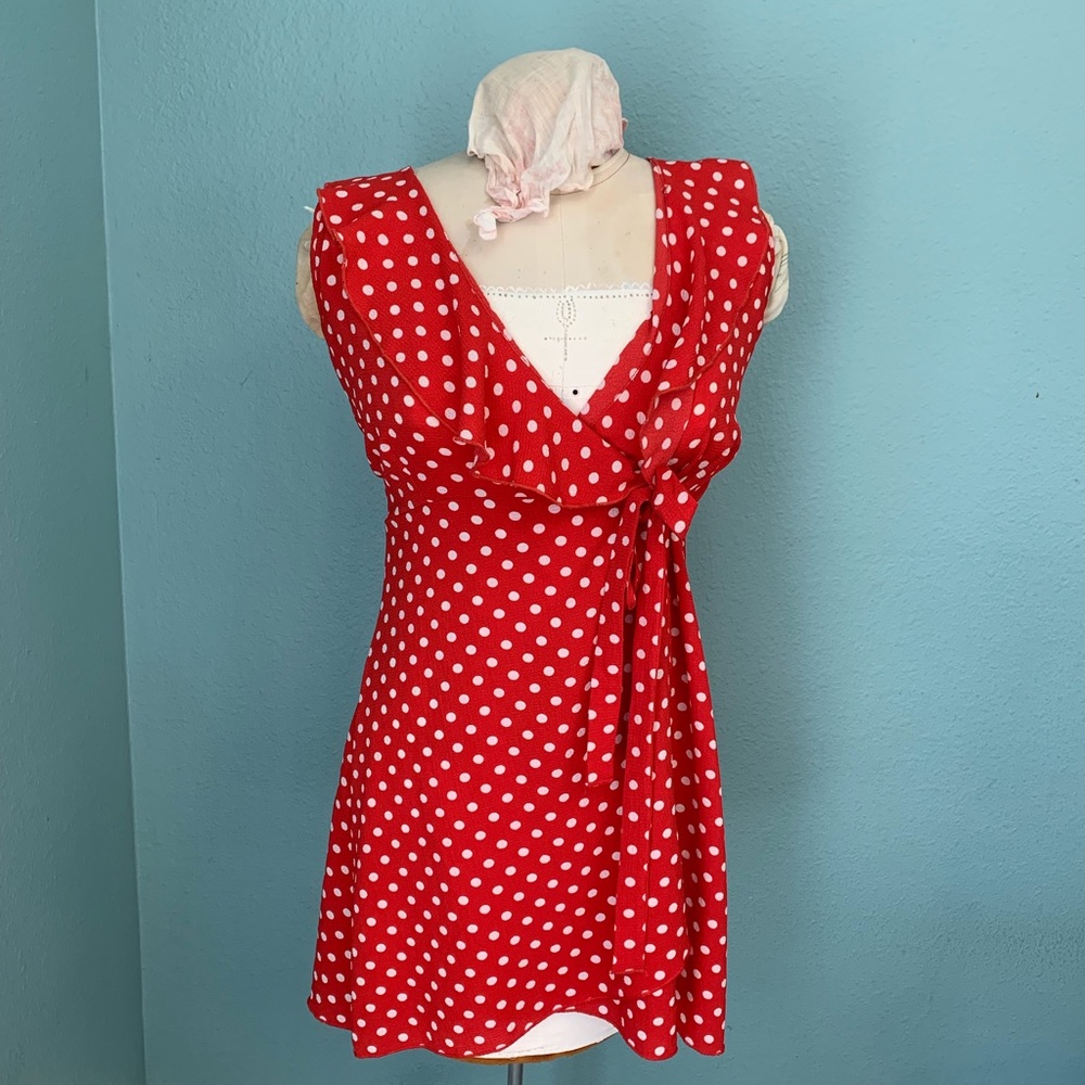 Red Polka Dot Tie Wrap Dress - Picture 2 of 4